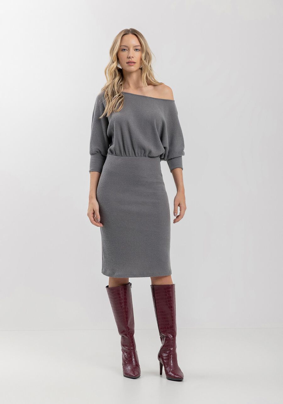 ROBE EN TRICOT AJUSTÉ MANCHES COUDES COL ASSYMETRIQUE 1 ÉPAULE LEZ A LEZ 7309E